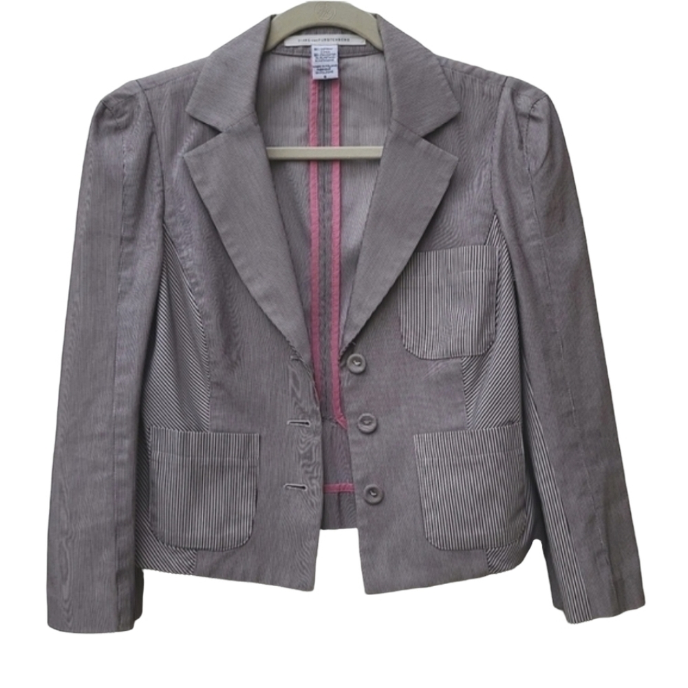 DIANE VON FURSTENBERG DVF Pinstriped Peplum Blazer 6 M Crop Jacket Seersucker - Picture 14 of 16
